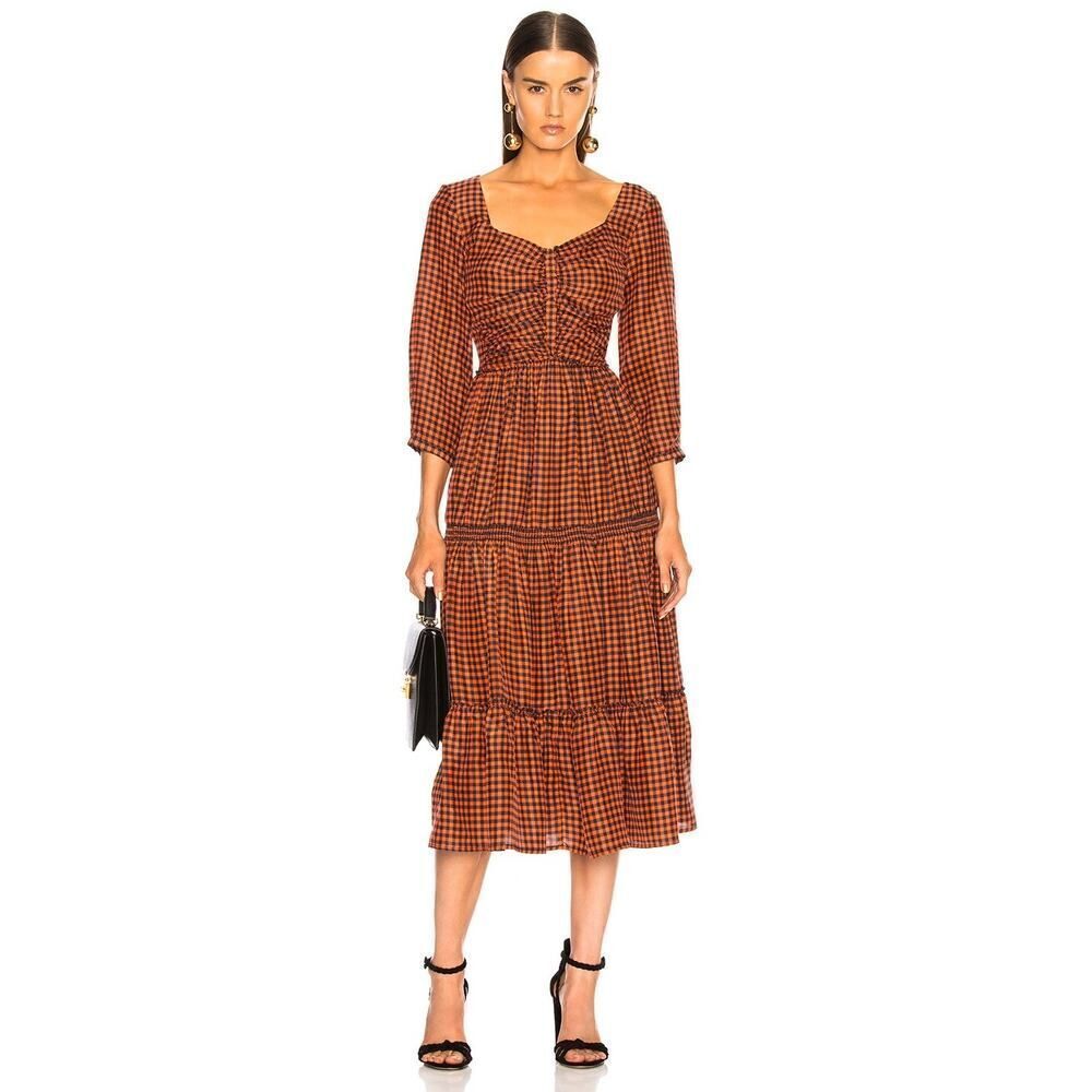 SEA Ethno Silk Pop 3/4 Sleeve Ruched Midi Dress US6
